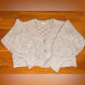 Maeve Pointelle Knit Cardigan Sweater Gray | Crystal Buttons | Size XSmall